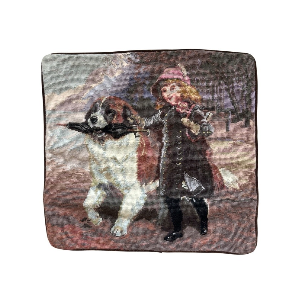 NEW "Off to School" Child & St Bernard Wool Needlepoint Throw Pillow Cover 18x18